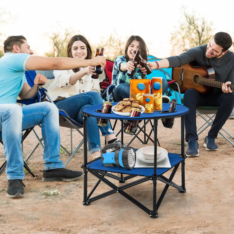 2-Tier Portable Picnic Table with Carrying Bag and 4 Cup Holders-Blue by DirectDeals