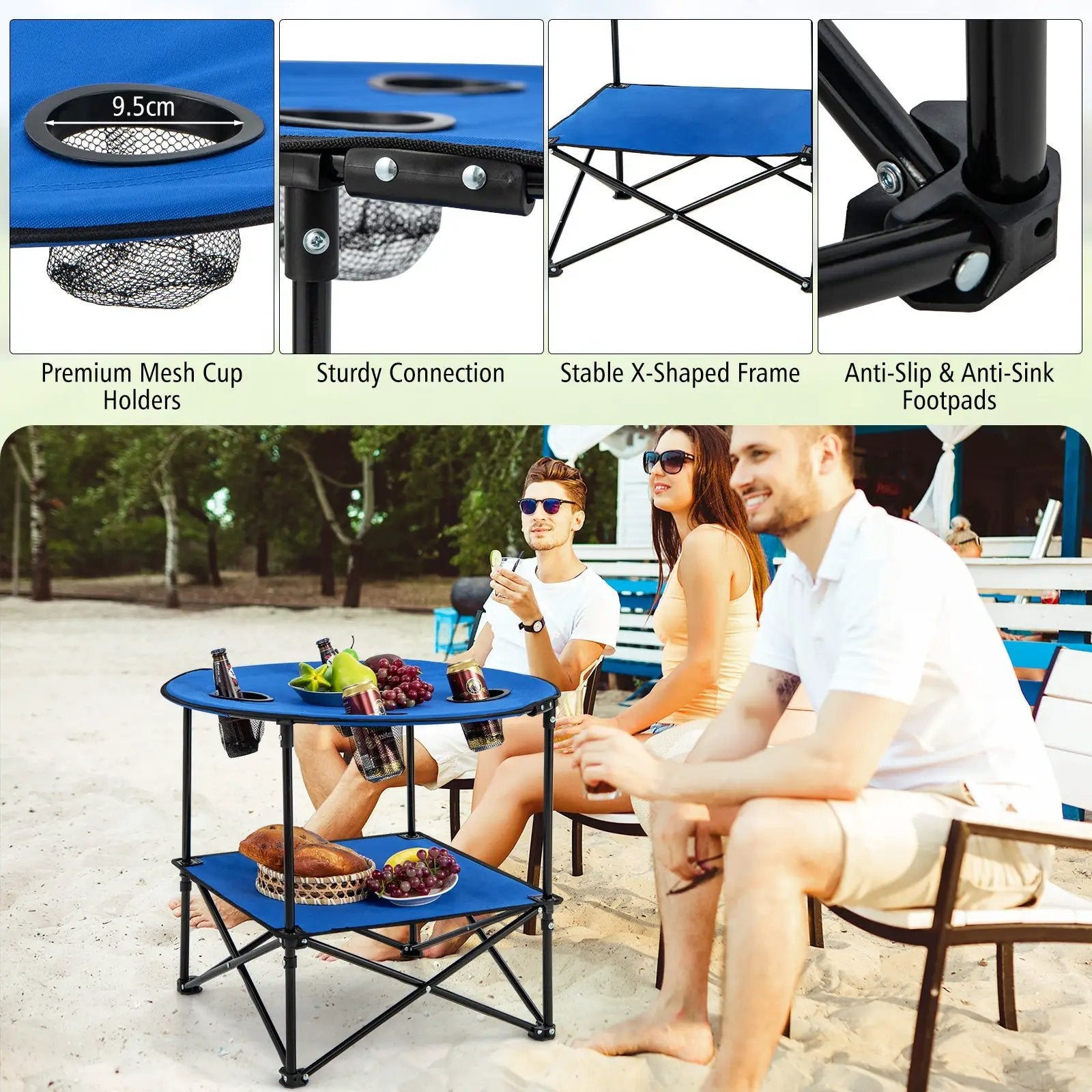 2-Tier Portable Picnic Table with Carrying Bag and 4 Cup Holders-Blue by DirectDeals