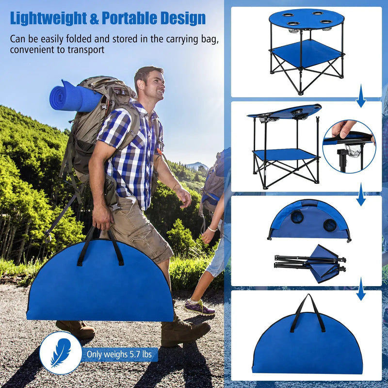 2-Tier Portable Picnic Table with Carrying Bag and 4 Cup Holders-Blue by DirectDeals