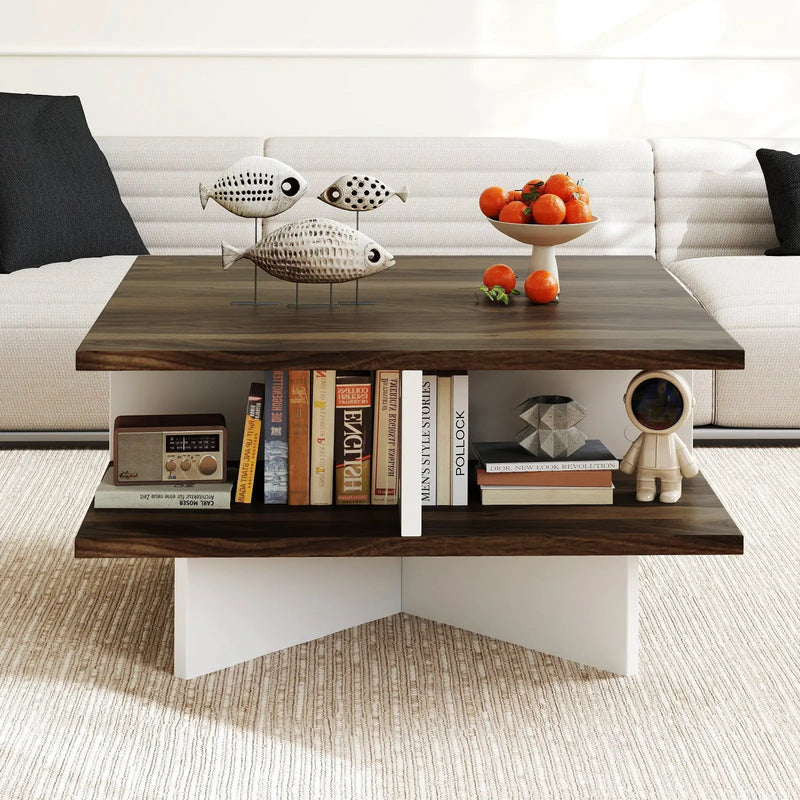 2-Tier Square Coffee Table with 4 Storage Compartments-Walnut by DirectDeals