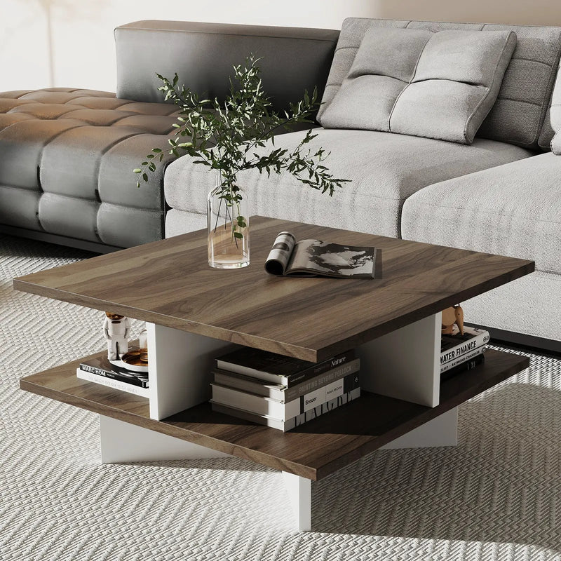 2-Tier Square Coffee Table with 4 Storage Compartments-Walnut by DirectDeals