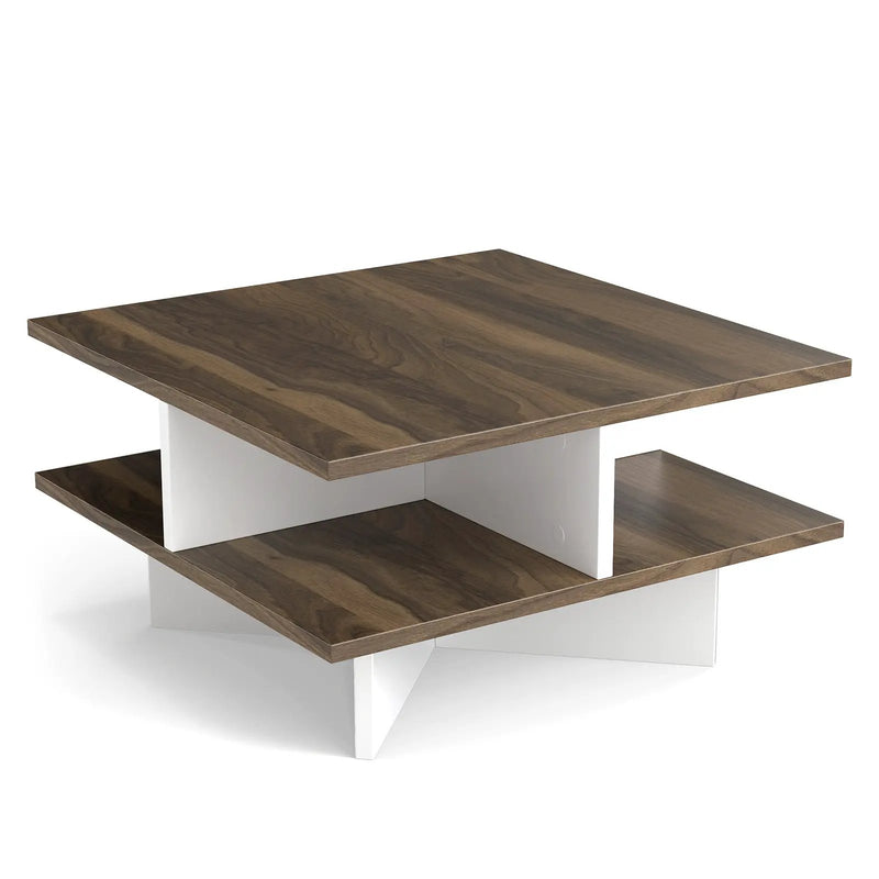 2-Tier Square Coffee Table with 4 Storage Compartments-Walnut by DirectDeals