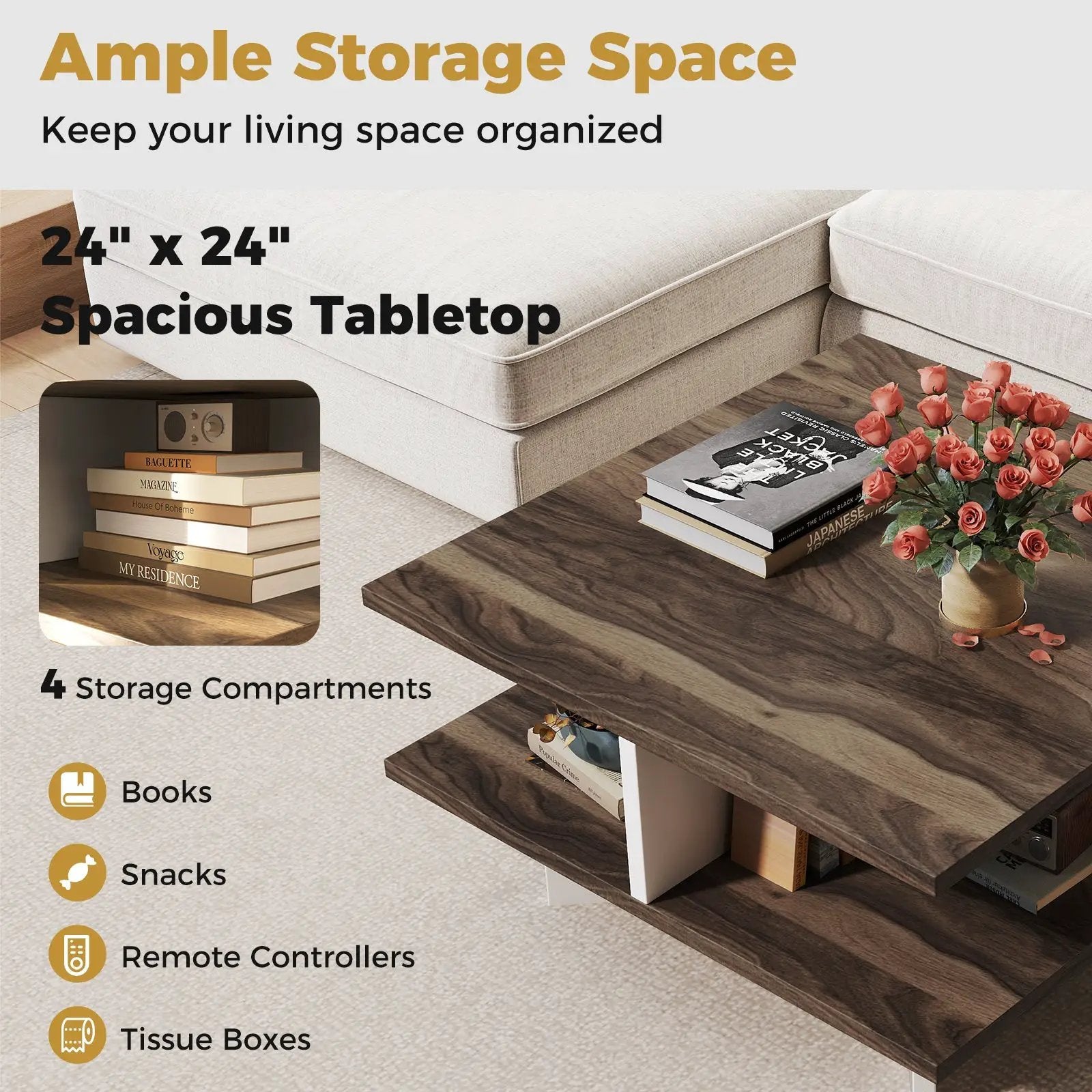 2-Tier Square Coffee Table with 4 Storage Compartments-Walnut by DirectDeals