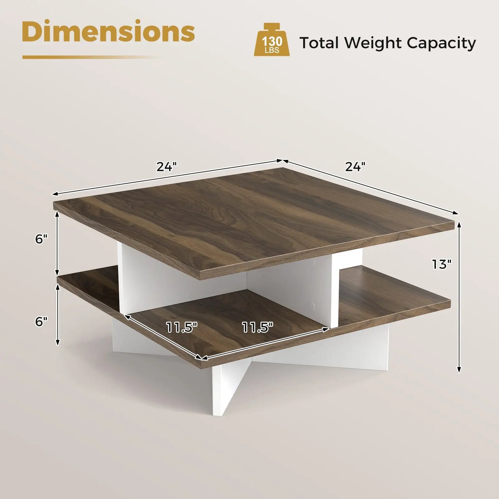 2-Tier Square Coffee Table with 4 Storage Compartments-Walnut by DirectDeals