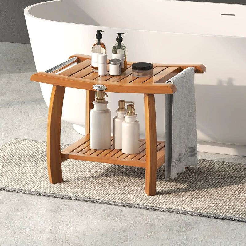 2-Tier Teak Wood Shower Bench Shower Stool with Curved Seat and Handles by DirectDeals