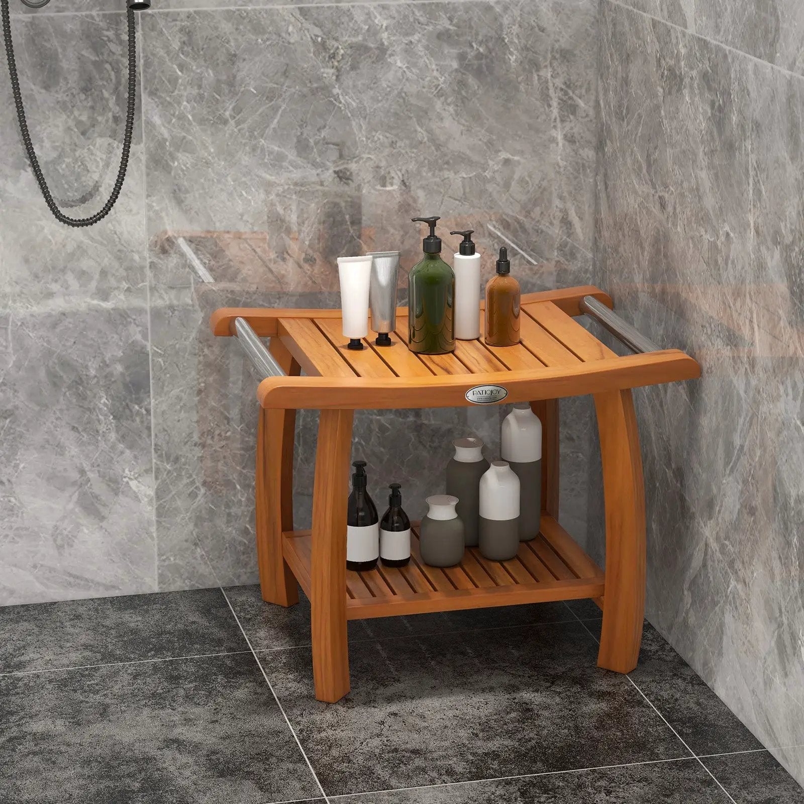 2-Tier Teak Wood Shower Bench Shower Stool with Curved Seat and Handles by DirectDeals