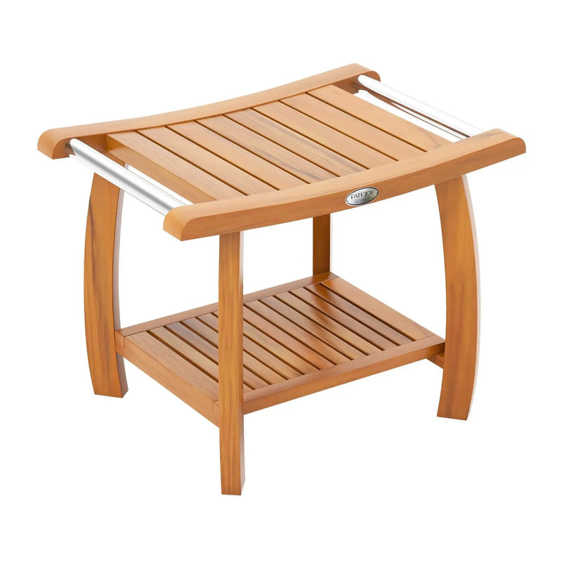 2-Tier Teak Wood Shower Bench Shower Stool with Curved Seat and Handles by DirectDeals