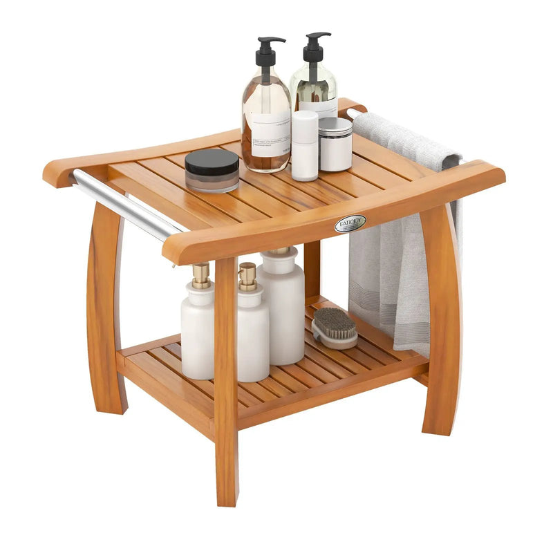 2-Tier Teak Wood Shower Bench Shower Stool with Curved Seat and Handles by DirectDeals