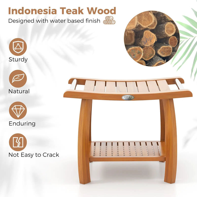 2-Tier Teak Wood Shower Bench Shower Stool with Curved Seat and Handles by DirectDeals