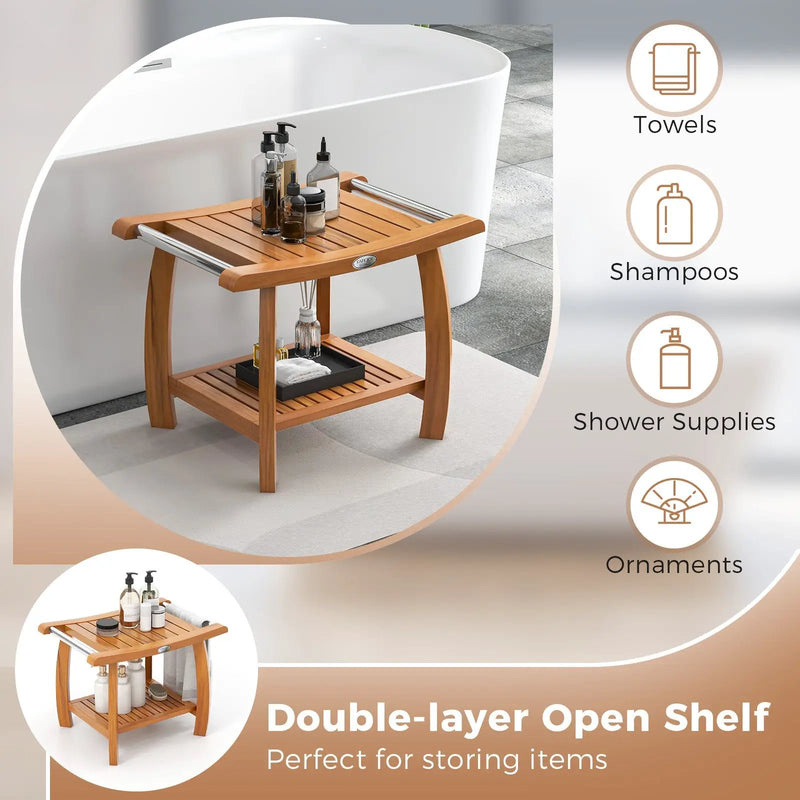 2-Tier Teak Wood Shower Bench Shower Stool with Curved Seat and Handles by DirectDeals