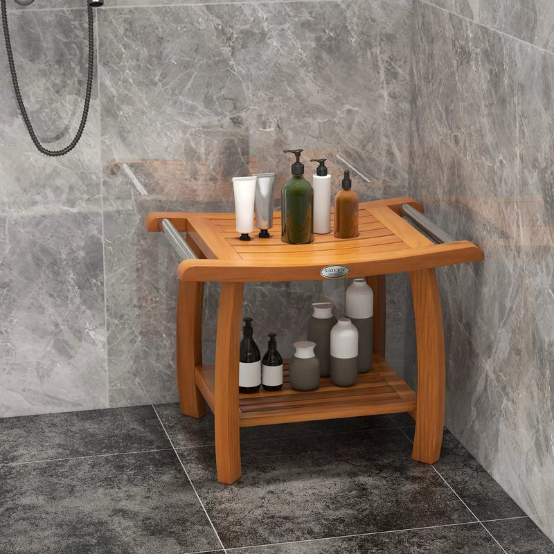 2-Tier Teak Wood Shower Bench Shower Stool with Curved Seat by DirectDeals