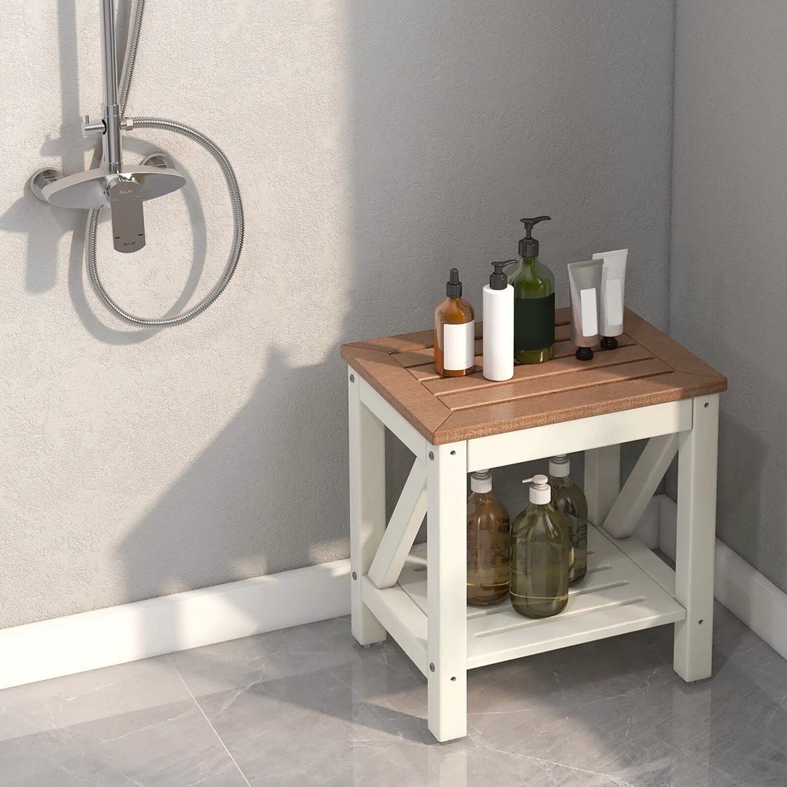 2-tier Waterproof Shower Bench with Storage Shelf-Brown by DirectDeals