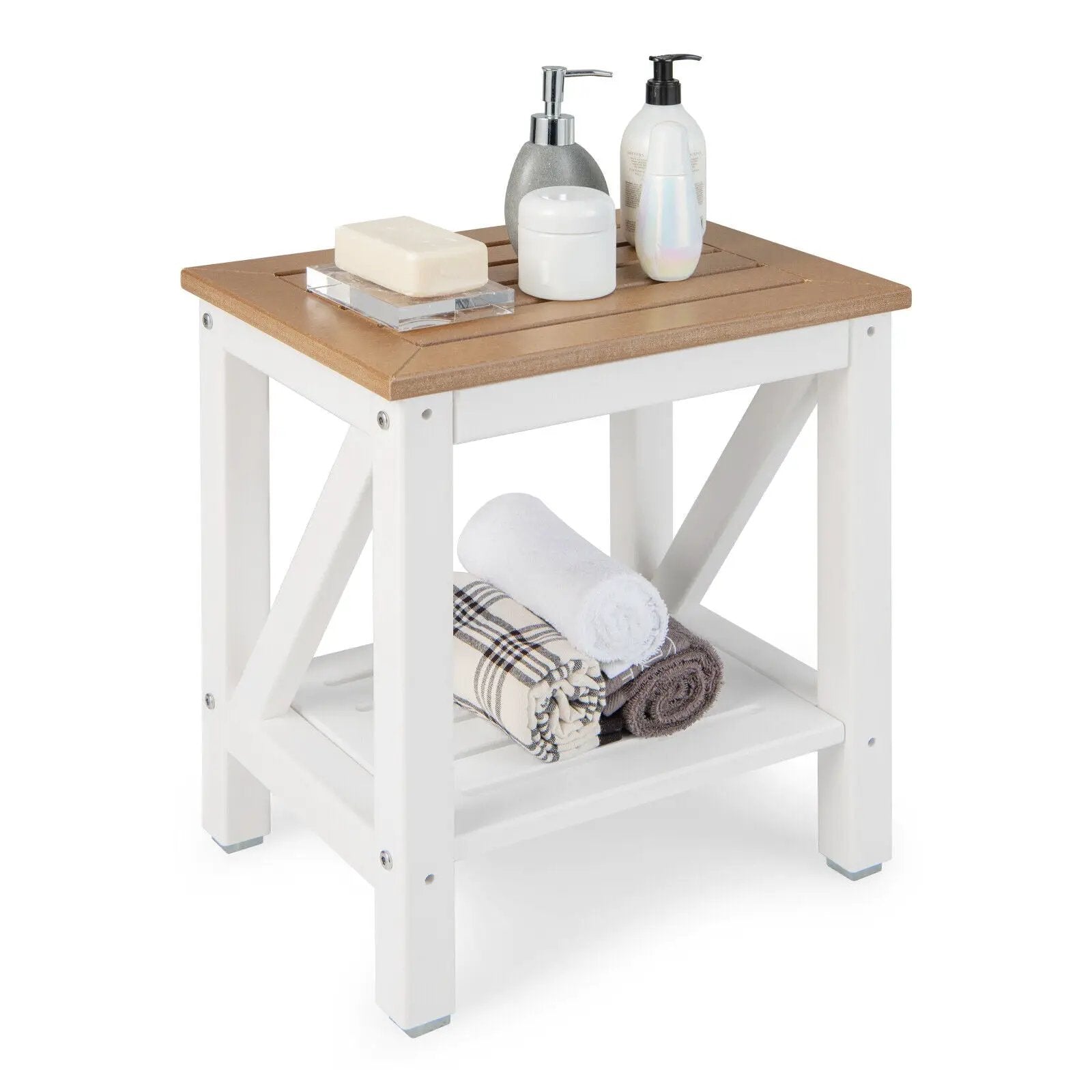2-tier Waterproof Shower Bench with Storage Shelf-Brown by DirectDeals