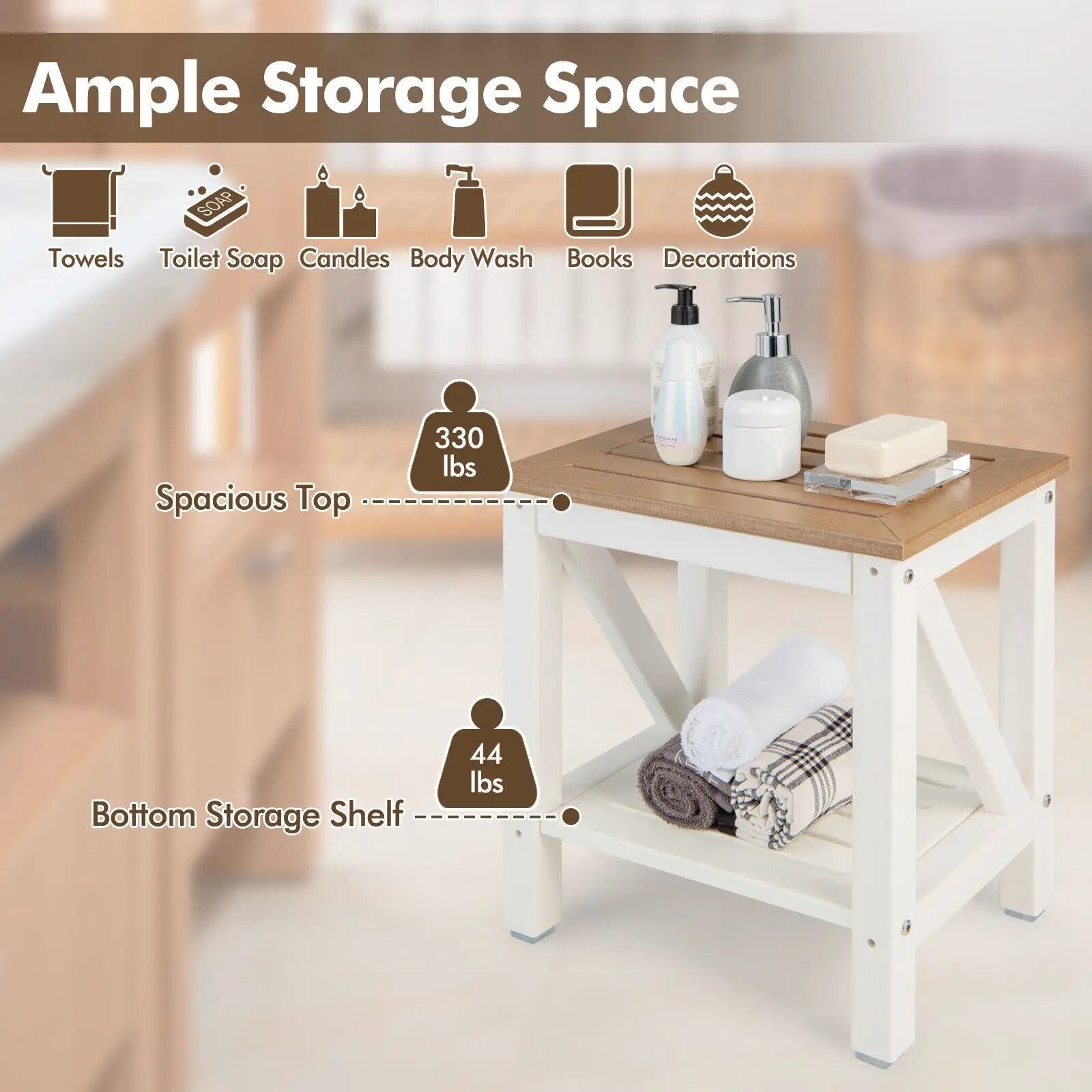 2-tier Waterproof Shower Bench with Storage Shelf-Brown by DirectDeals