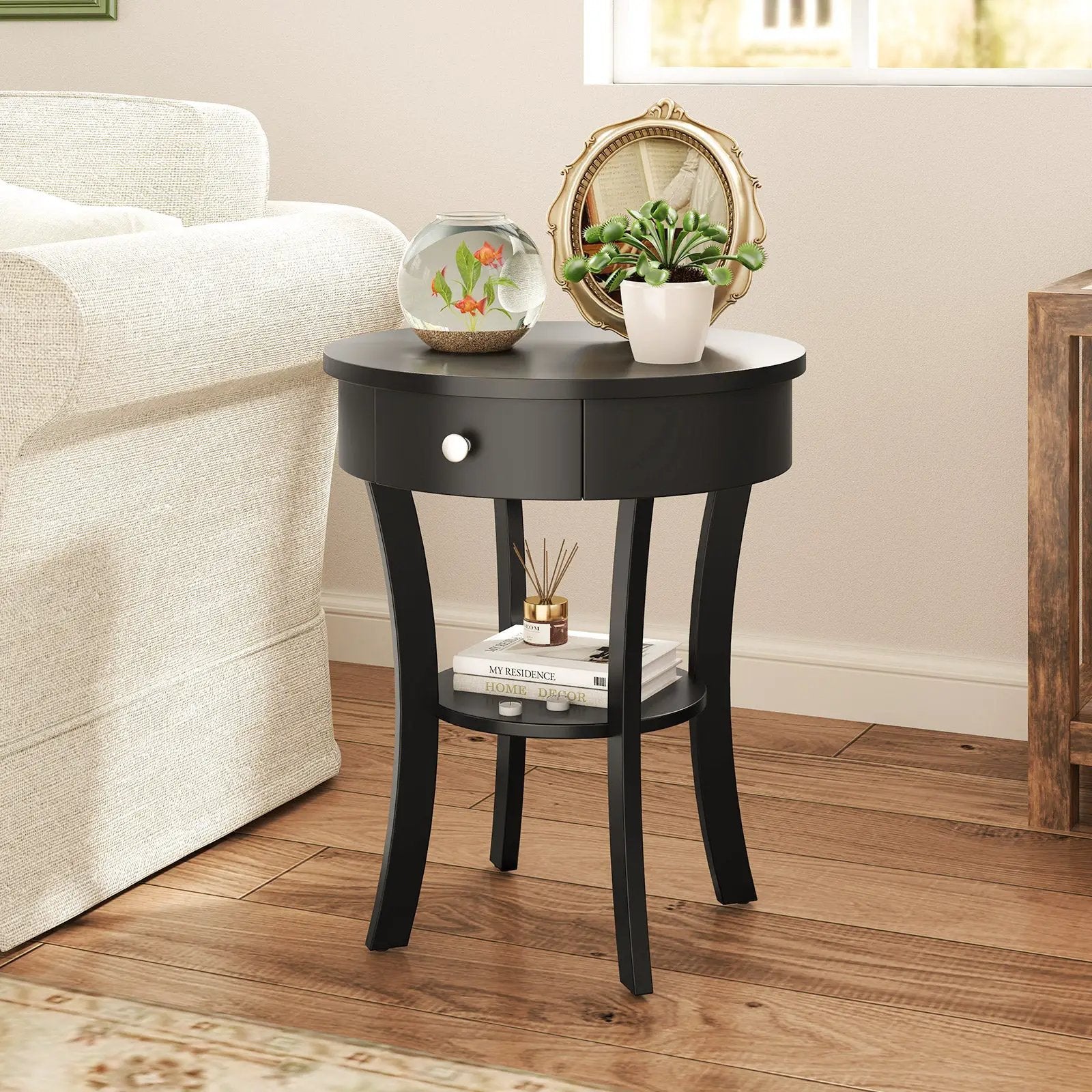 2-Tier Wood Round End Table with Open Drawer-Black by DirectDeals