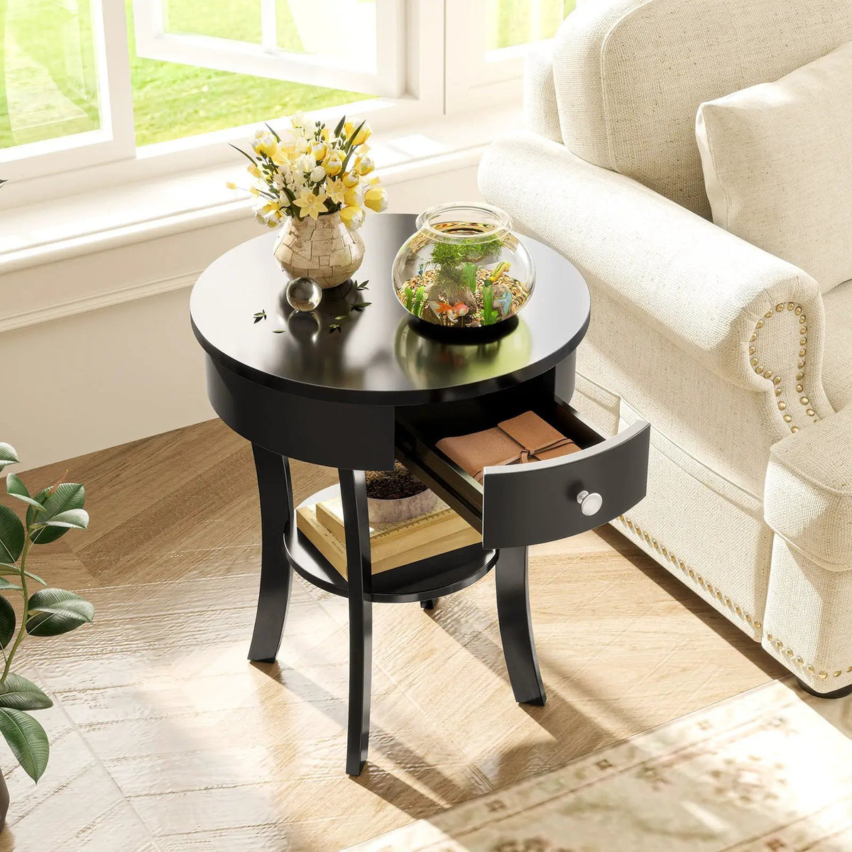 2-Tier Wood Round End Table with Open Drawer-Black, photo 2 of 10