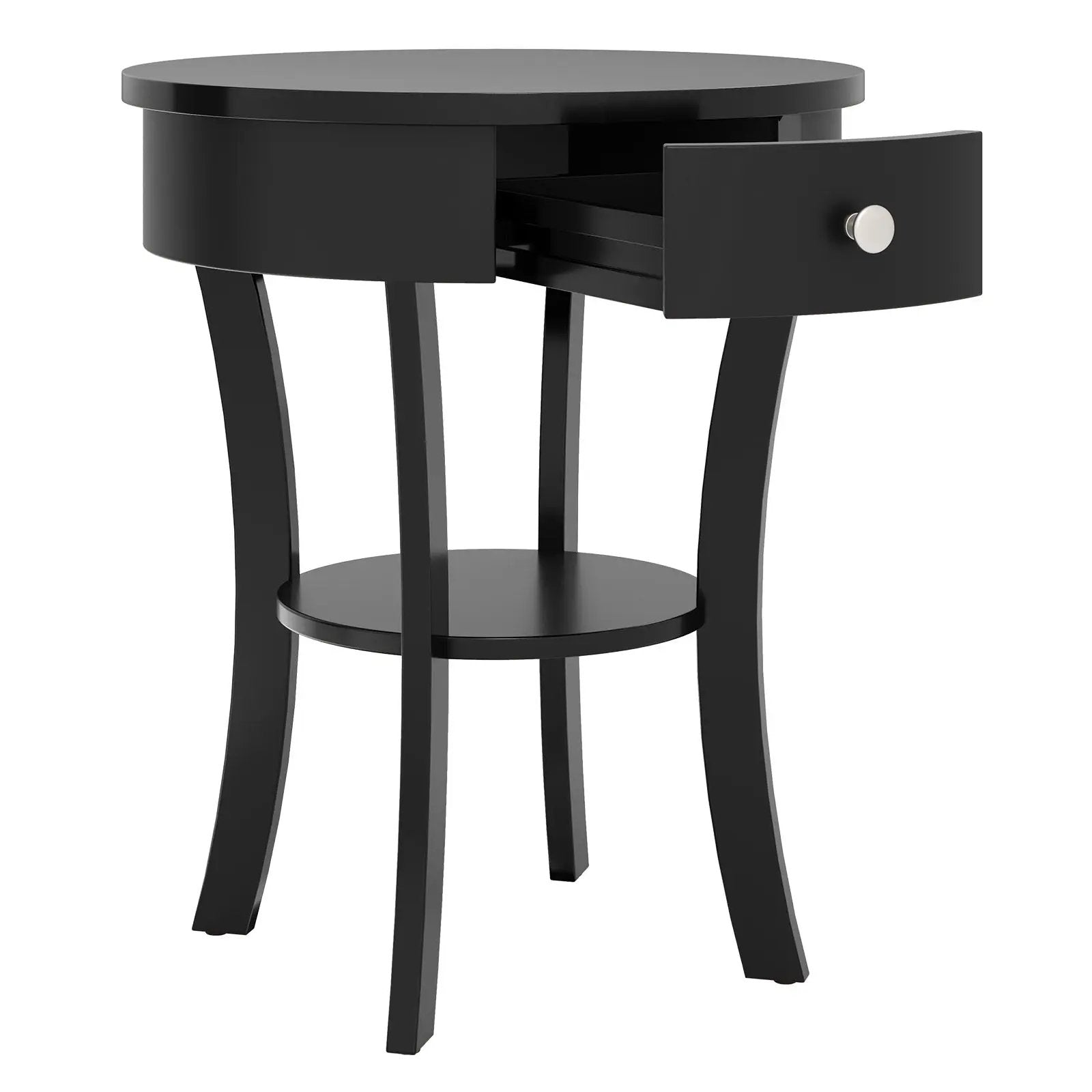 2-Tier Wood Round End Table with Open Drawer-Black by DirectDeals