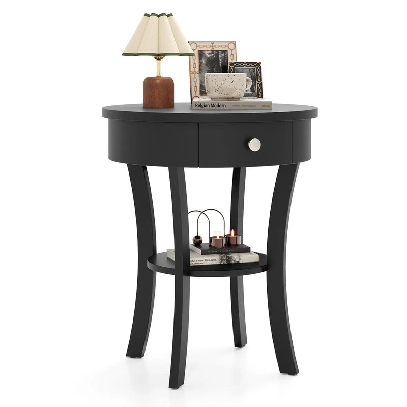 2-Tier Wood Round End Table with Open Drawer-Black by DirectDeals