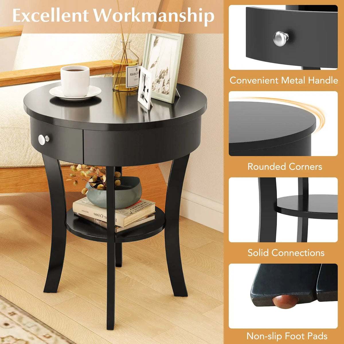 2-Tier Wood Round End Table with Open Drawer-Black, photo 6 of 10