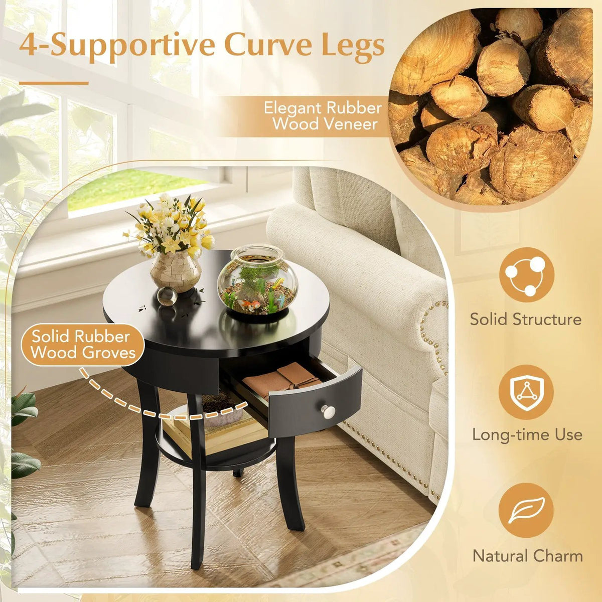 2-Tier Wood Round End Table with Open Drawer-Black, photo 7 of 10