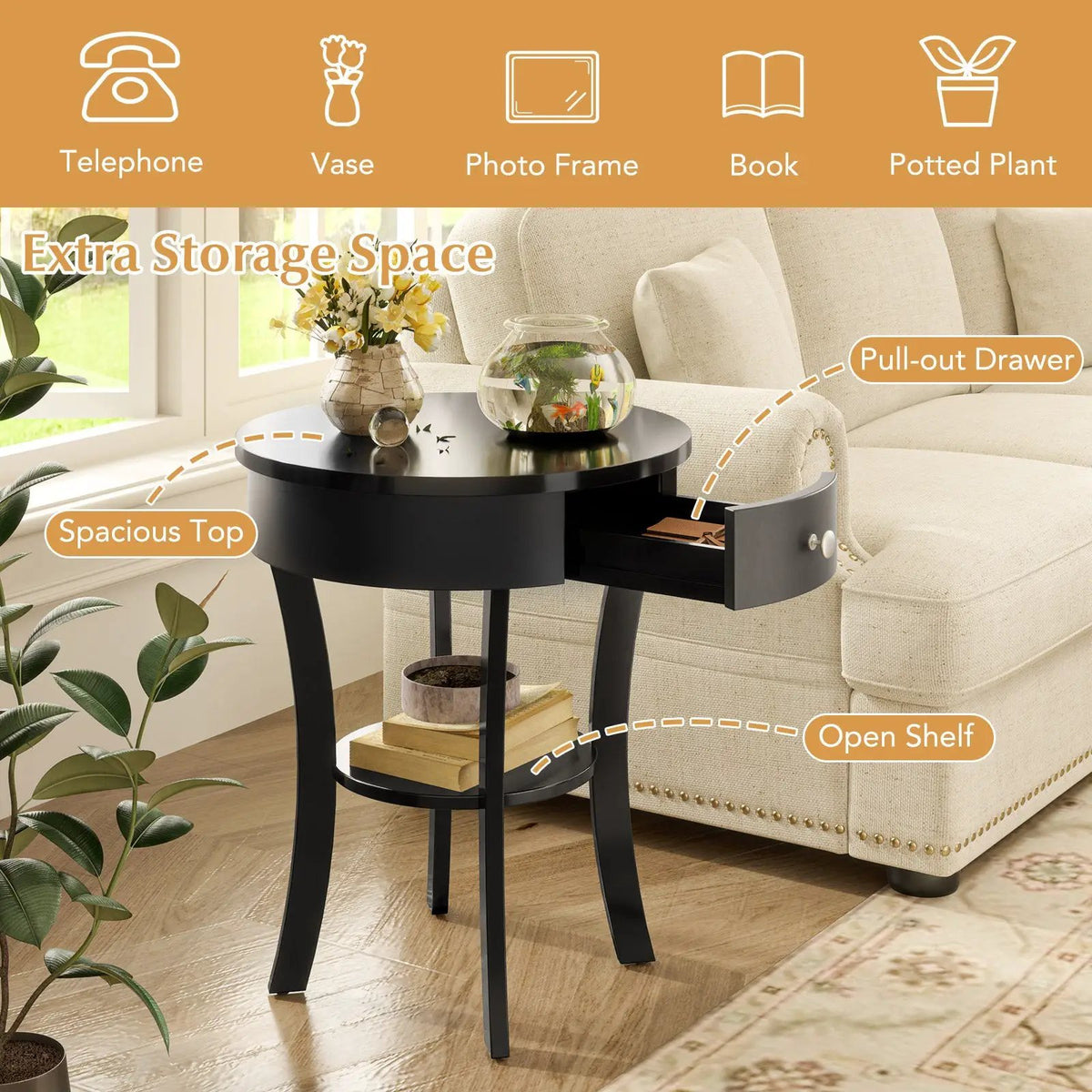 2-Tier Wood Round End Table with Open Drawer-Black, photo 8 of 10