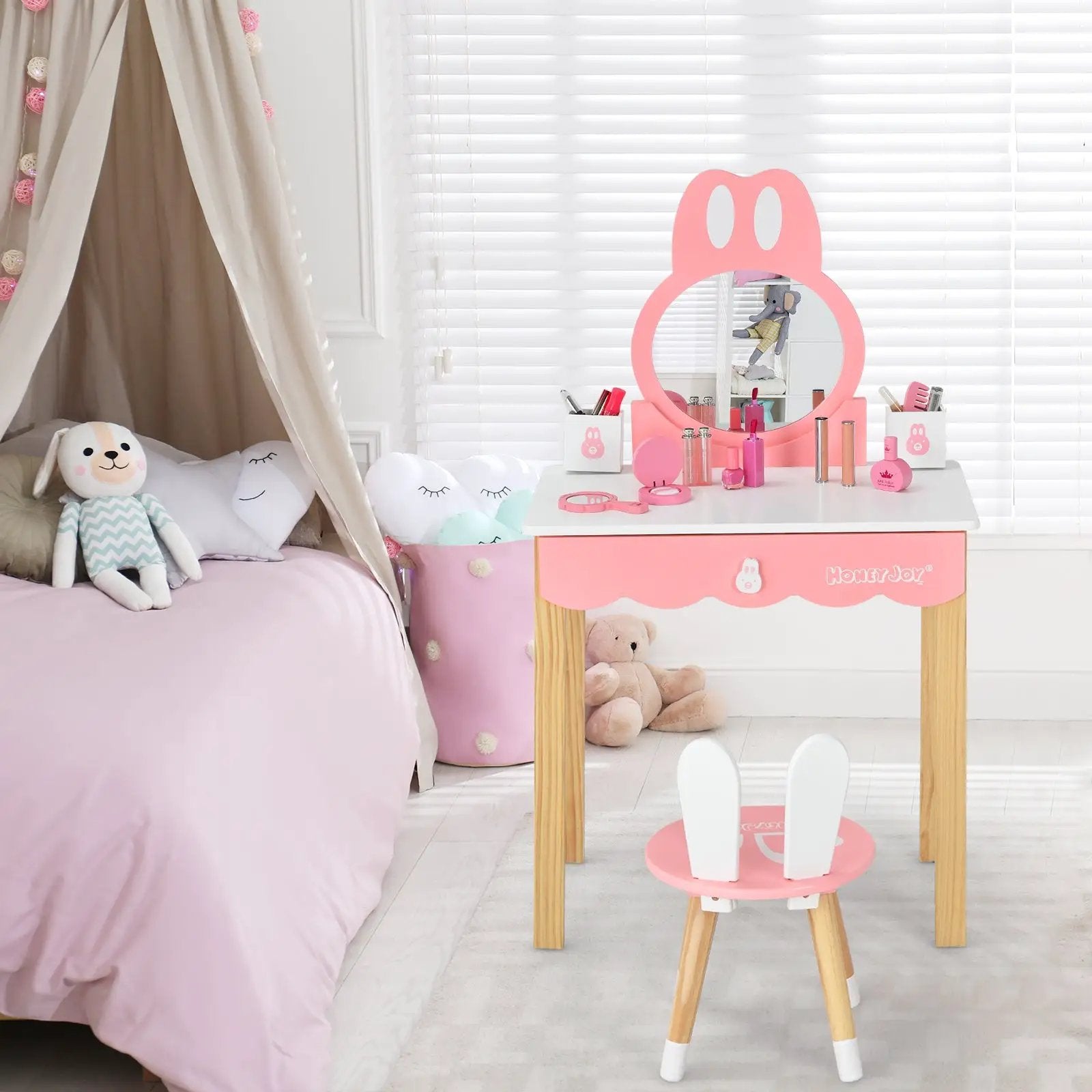 Kids Vanity Set Rabbit Makeup Dressing Table Chair Set with Mirror and Drawer by DirectDeals