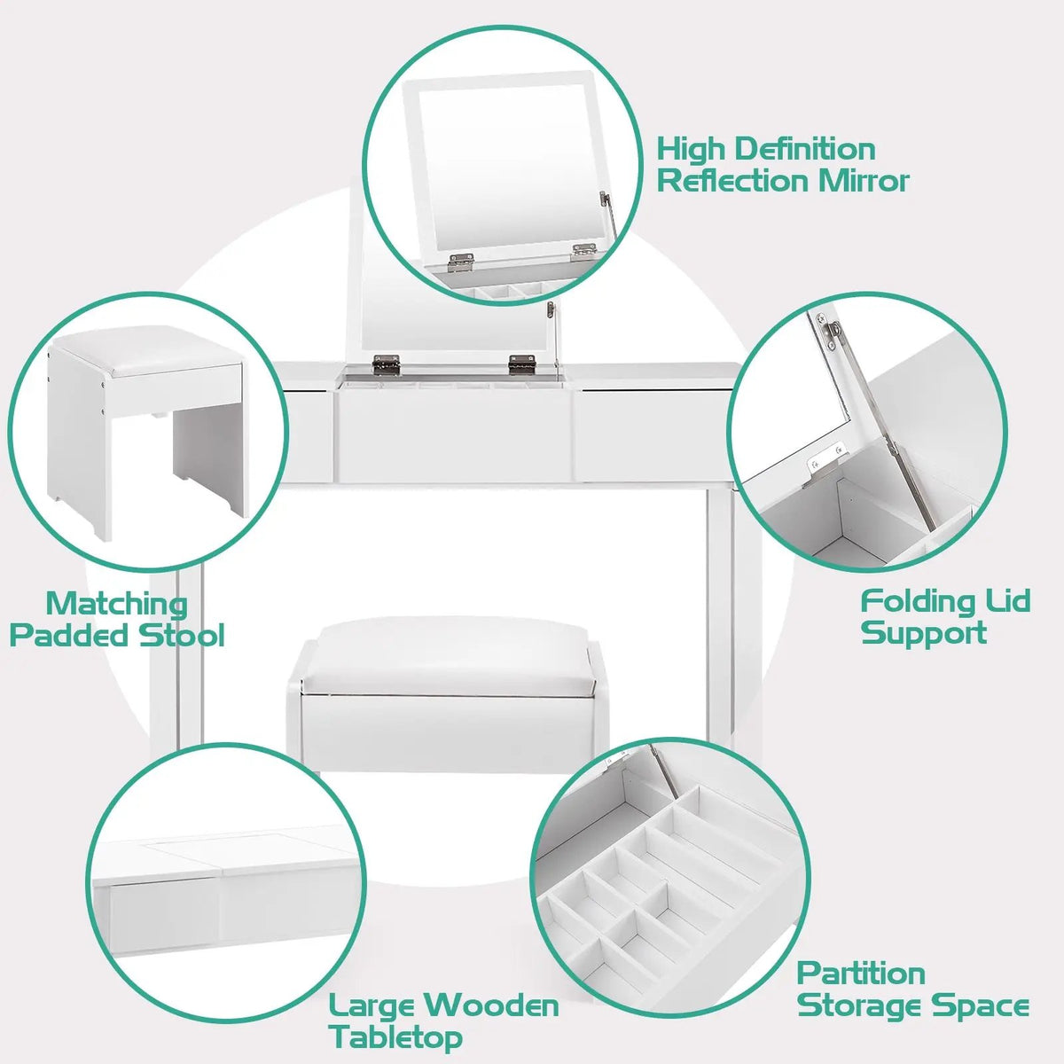 Vanity Makeup Dressing Table Set with Flip Top Mirror and Cushioned Stool, photo 5 of 9