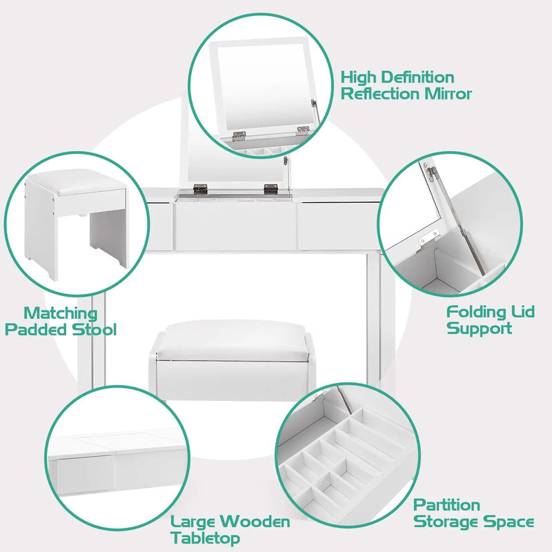 Vanity Makeup Dressing Table Set with Flip Top Mirror and Cushioned Stool by DirectDeals