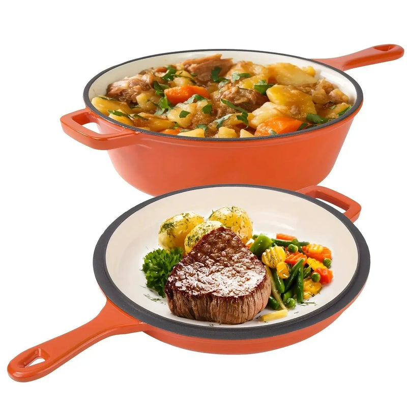 [2-in-1 Cast Iron Skillets] 2-in-1 Enameled Cast Iron Skillets Set | 3QT Dutch Oven + 1.5QT Skillet With Lid For Frying, Baking, Stewing, Grilling, Indoor And Outdoor by House Of Avana