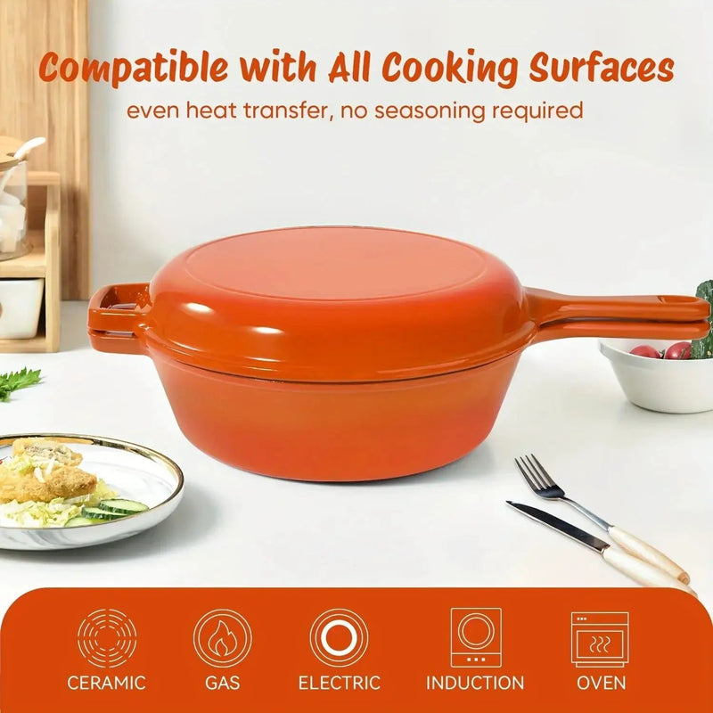 [2-in-1 Cast Iron Skillets] 2-in-1 Enameled Cast Iron Skillets Set | 3QT Dutch Oven + 1.5QT Skillet With Lid For Frying, Baking, Stewing, Grilling, Indoor And Outdoor by House Of Avana