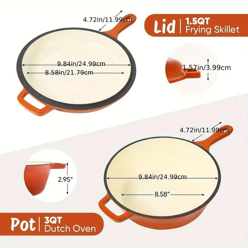 [2-in-1 Cast Iron Skillets] 2-in-1 Enameled Cast Iron Skillets Set | 3QT Dutch Oven + 1.5QT Skillet With Lid For Frying, Baking, Stewing, Grilling, Indoor And Outdoor by House Of Avana
