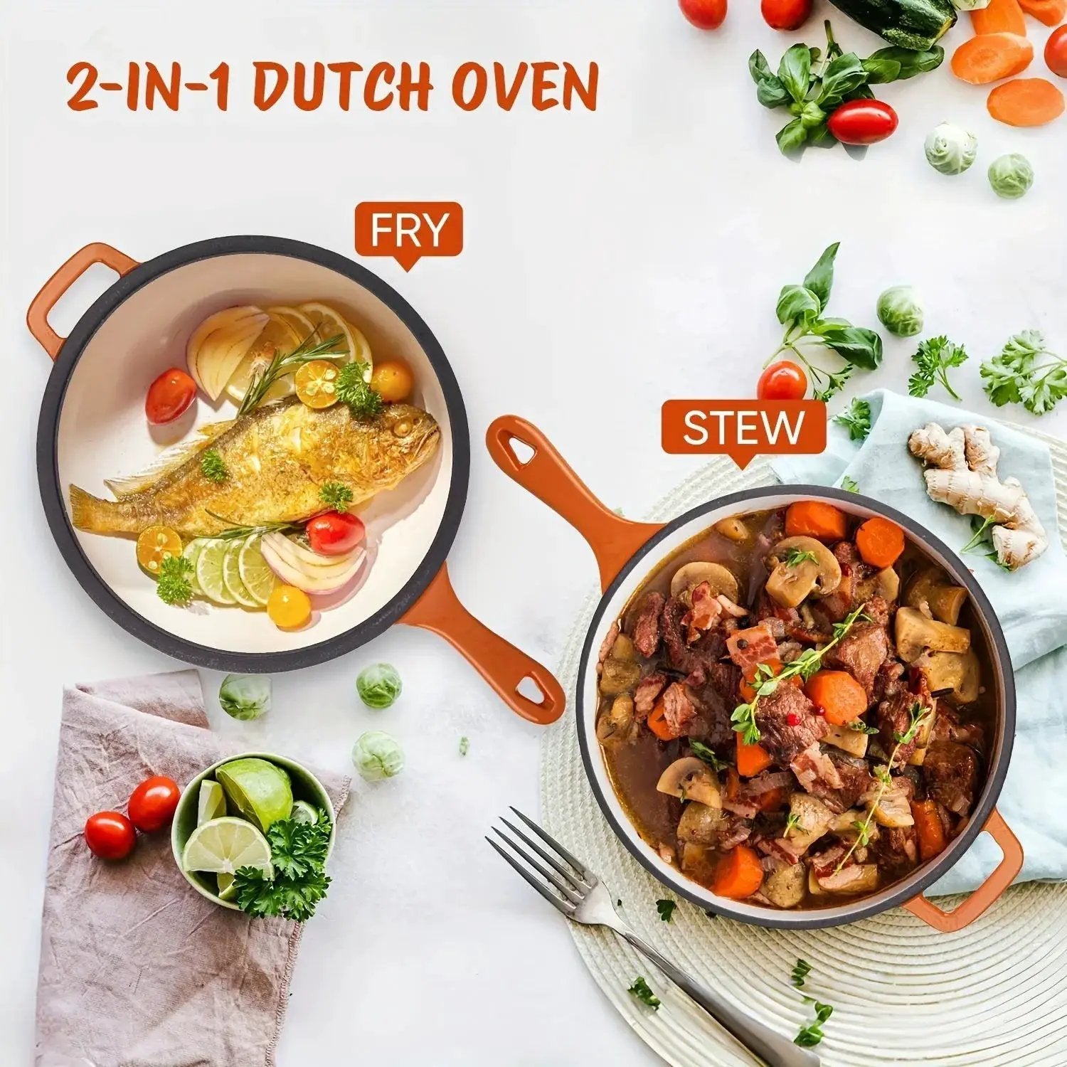 [2-in-1 Cast Iron Skillets] 2-in-1 Enameled Cast Iron Skillets Set | 3QT Dutch Oven + 1.5QT Skillet With Lid For Frying, Baking, Stewing, Grilling, Indoor And Outdoor by House Of Avana