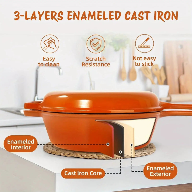 [2-in-1 Cast Iron Skillets] 2-in-1 Enameled Cast Iron Skillets Set | 3QT Dutch Oven + 1.5QT Skillet With Lid For Frying, Baking, Stewing, Grilling, Indoor And Outdoor by House Of Avana