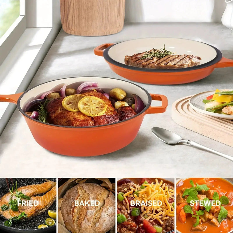 [2-in-1 Cast Iron Skillets] 2-in-1 Enameled Cast Iron Skillets Set | 3QT Dutch Oven + 1.5QT Skillet With Lid For Frying, Baking, Stewing, Grilling, Indoor And Outdoor by House Of Avana