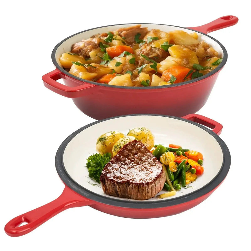 [2-in-1 Cast Iron Skillets] 2-in-1 Enameled Cast Iron Skillets Set | 3QT Dutch Oven + 1.5QT Skillet With Lid For Frying, Baking, Stewing, Grilling, Indoor And Outdoor by House Of Avana
