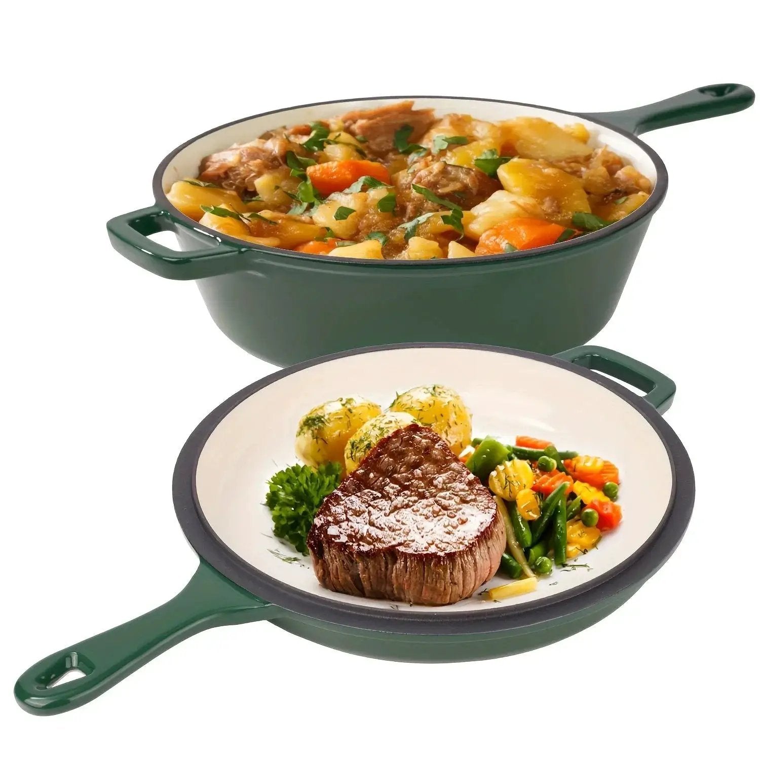 [2-in-1 Cast Iron Skillets] 2-in-1 Enameled Cast Iron Skillets Set | 3QT Dutch Oven + 1.5QT Skillet With Lid For Frying, Baking, Stewing, Grilling, Indoor And Outdoor by House Of Avana
