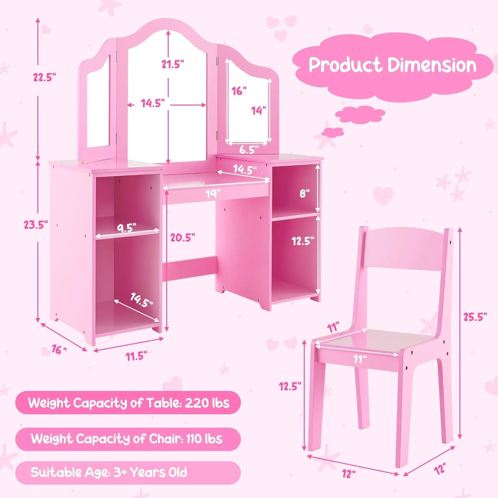 Kids Vanity Table and Chair Set with Removable Tri-Folding Mirror by DirectDeals