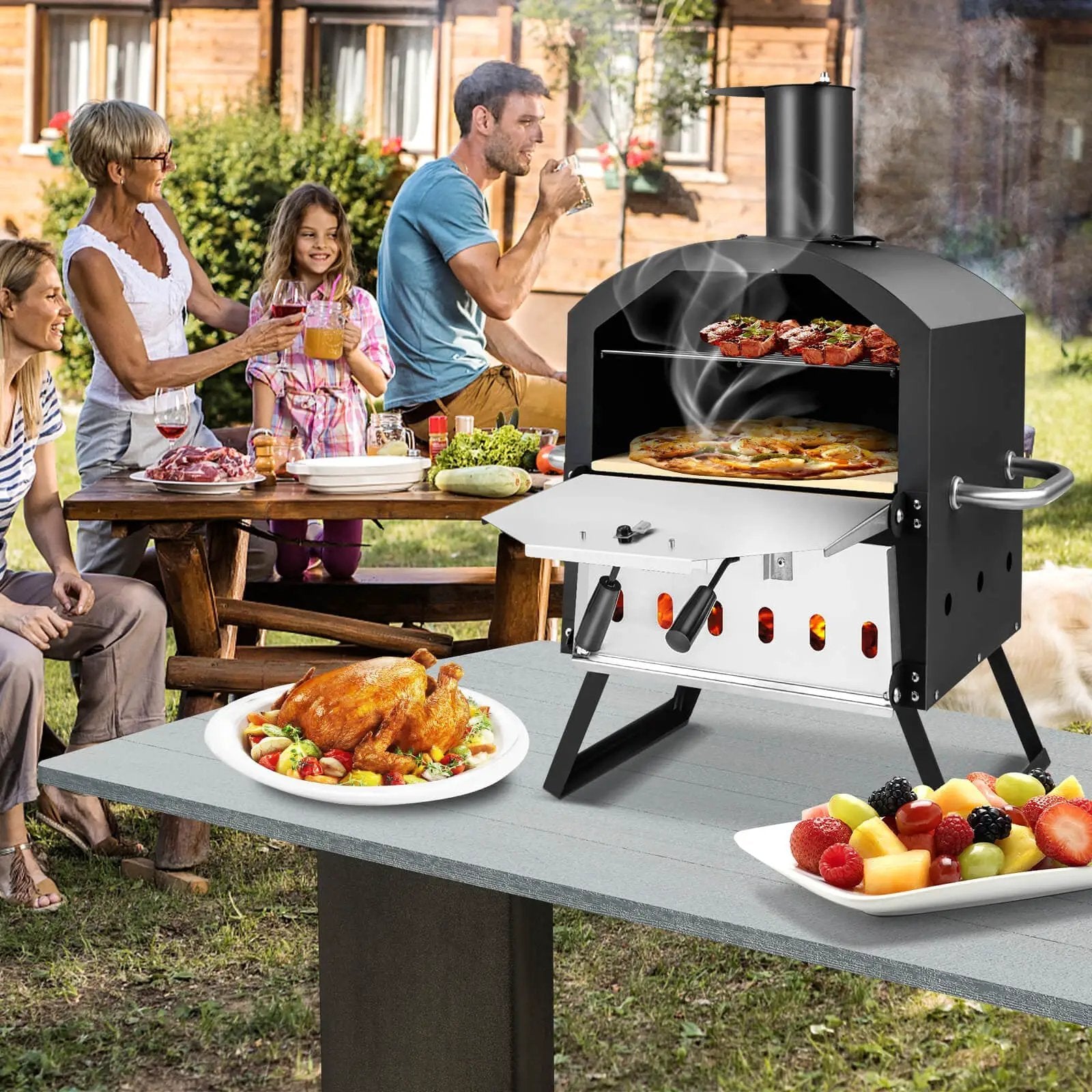 Outdoor Pizza Oven with Anti-scalding Handles and Foldable Legs-Black by DirectDeals
