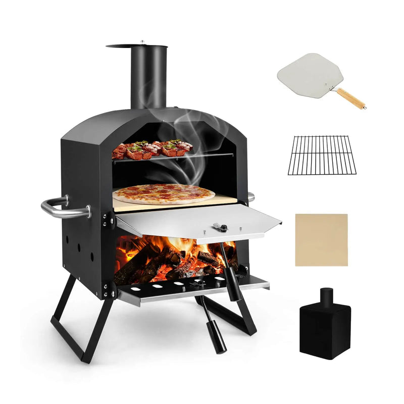 Outdoor Pizza Oven with Anti-scalding Handles and Foldable Legs-Black by DirectDeals
