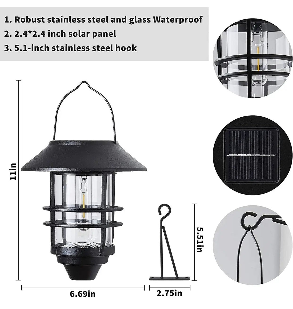 2 Pack Security Solar Hanging Lanterns , Wall/Porch Lights 15 Lumen Heavy Glass & Stainless by Outdoor Solar Outlet