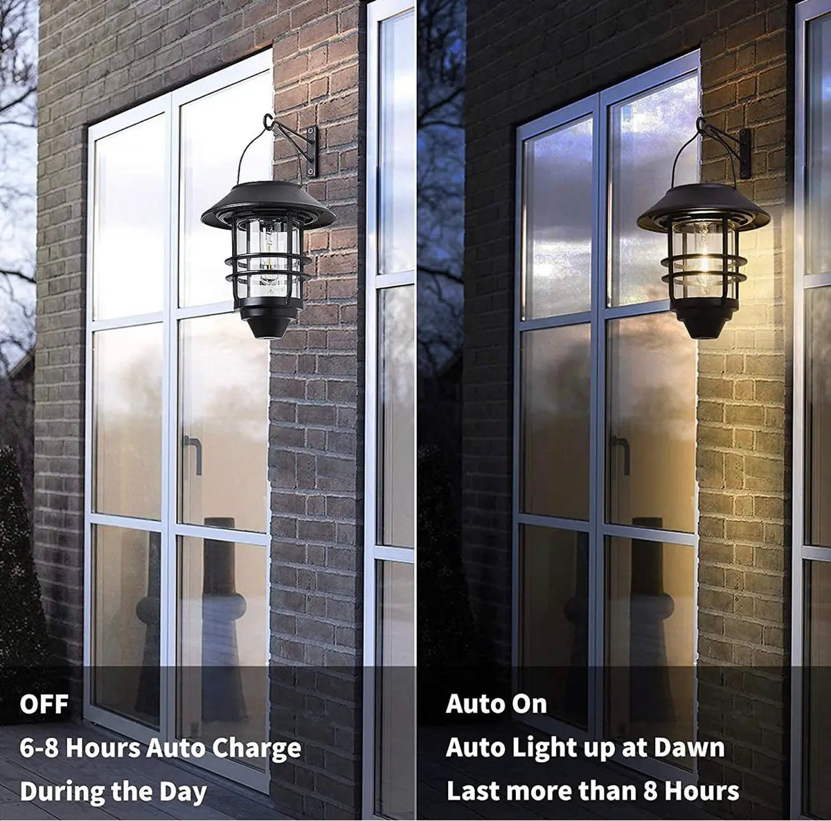 2 Pack Security Solar Hanging Lanterns , Wall/Porch Lights 15 Lumen Heavy Glass & Stainless by Outdoor Solar Outlet
