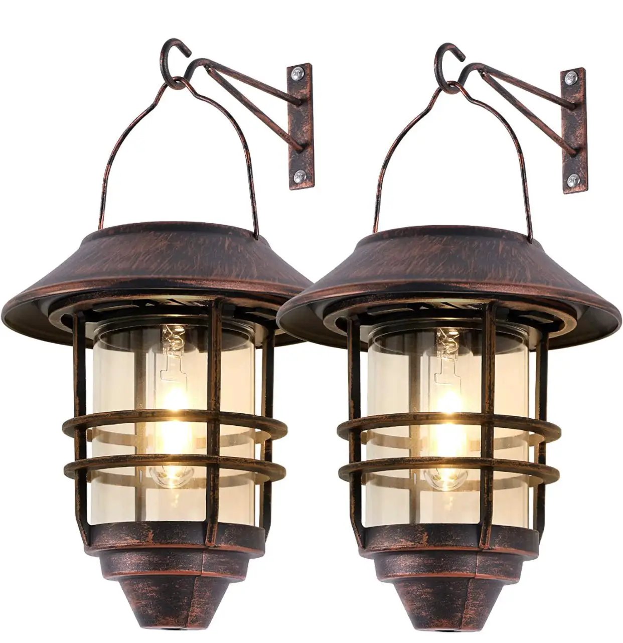 2 Pack Security Solar Hanging Lanterns , Wall/Porch Lights 15 Lumen Heavy Glass & Stainless by Outdoor Solar Outlet