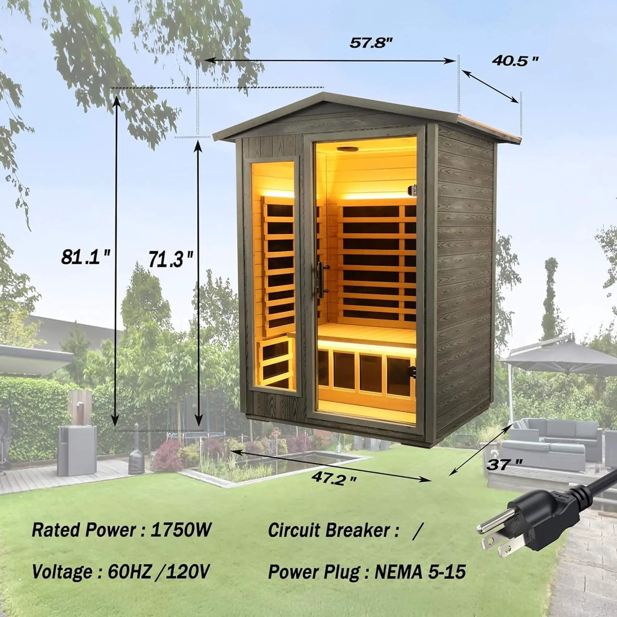 Thermora Riva Premium 2-Person Black Carbonized Walnut Low EMF Far Infrared Outdoor Sauna With Bluetooth Audio And LED Lighting (SAK16850) by SAKSBY WHOLESALE