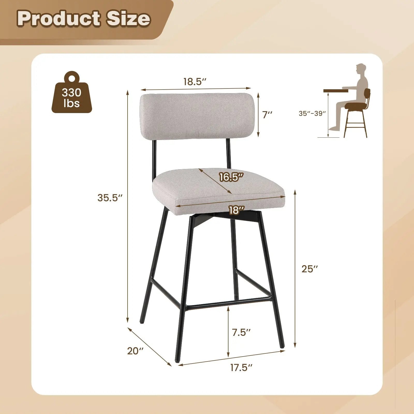 25 Inch 2-Piece Modern Upholstered Bar Stools with Back and Footrests by DirectDeals