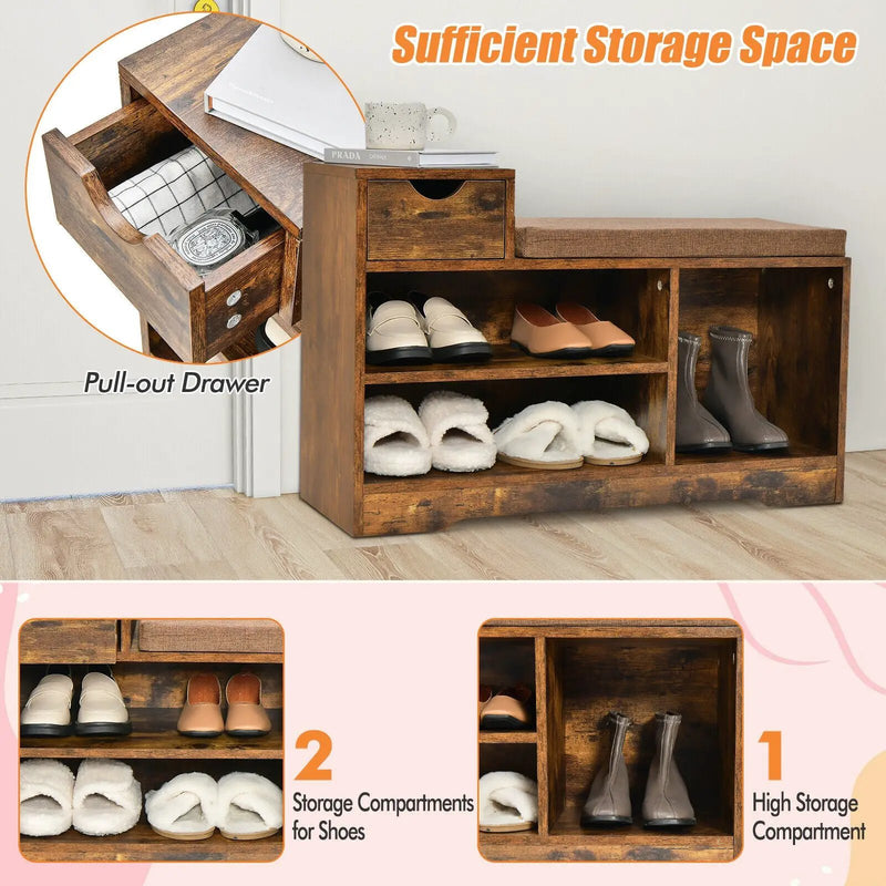 Entryway Storage Shoe Bench with 1 Storage Drawer and 3 Open Compartments-Rustic Brown by DirectDeals