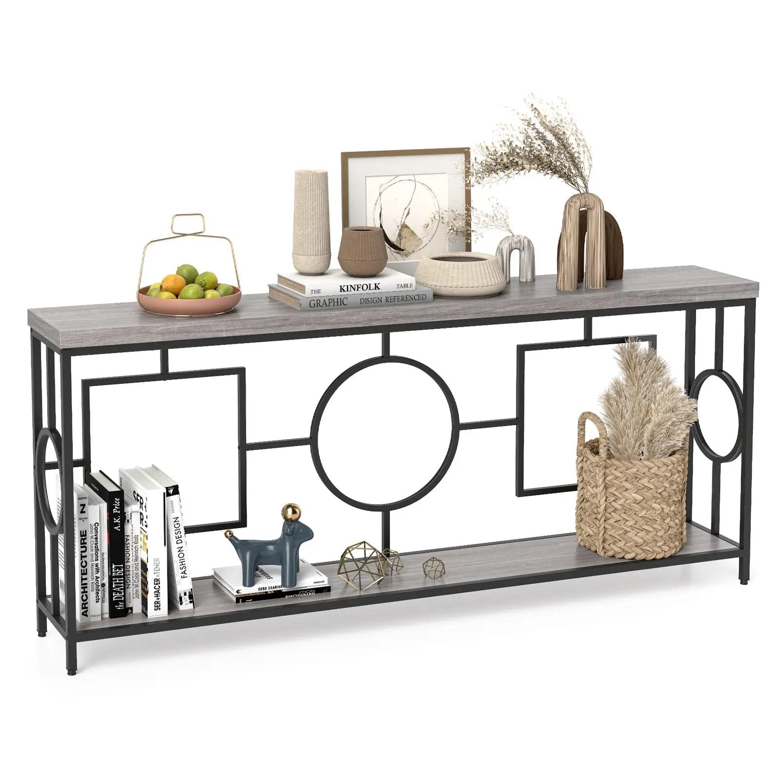 2-Tier Faux Marble Top Console Table with Storage Shelf for Hallway-Rustic Brown by DirectDeals