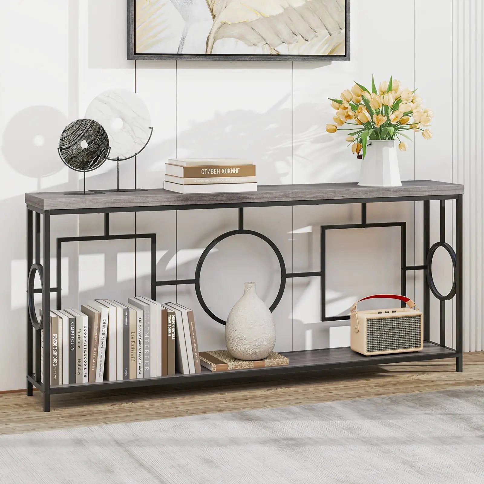 2-Tier Faux Marble Top Console Table with Storage Shelf for Hallway-Rustic Brown by DirectDeals