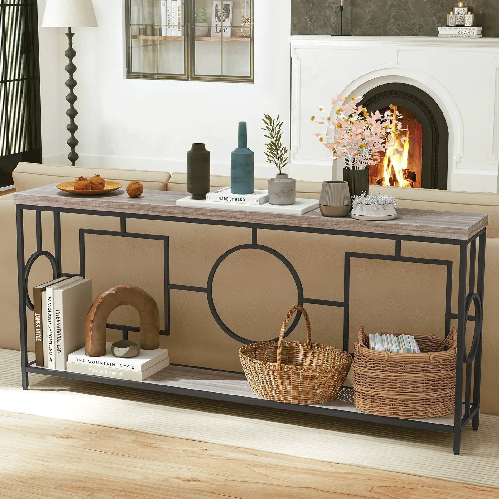 2-Tier Faux Marble Top Console Table with Storage Shelf for Hallway-Rustic Brown by DirectDeals