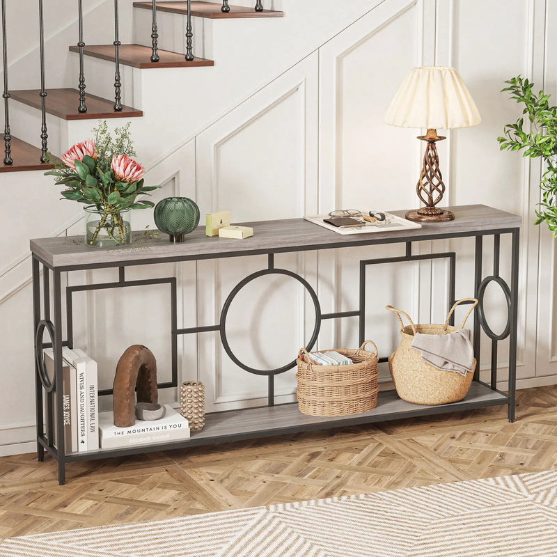 2-Tier Faux Marble Top Console Table with Storage Shelf for Hallway-Rustic Brown by DirectDeals