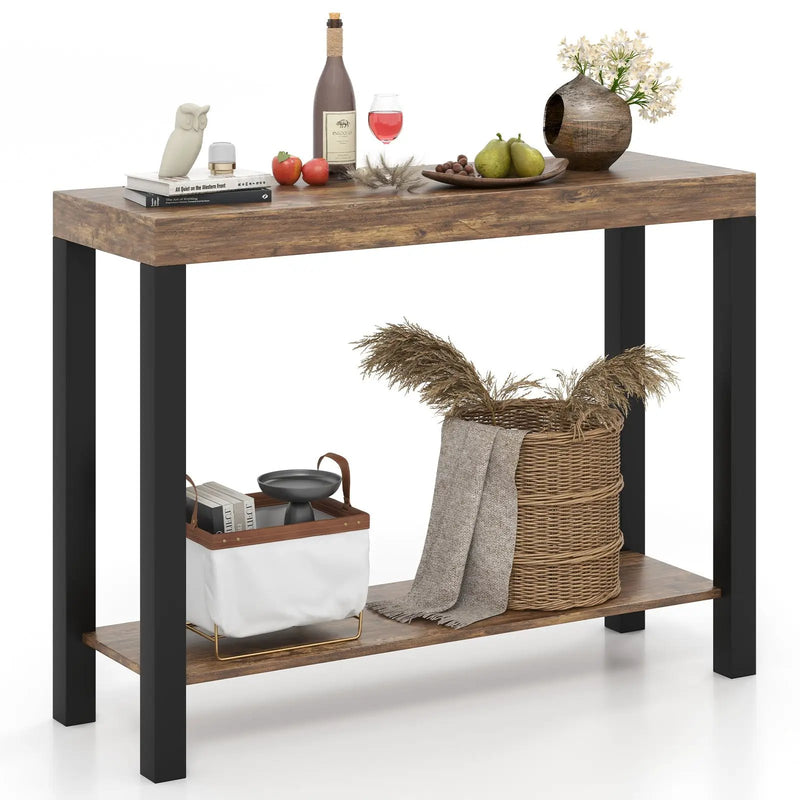 2-Tier Home Bar Table with Open Shelves and Storage for Home Kitchen Living Room Pub-Rustic Brown by DirectDeals